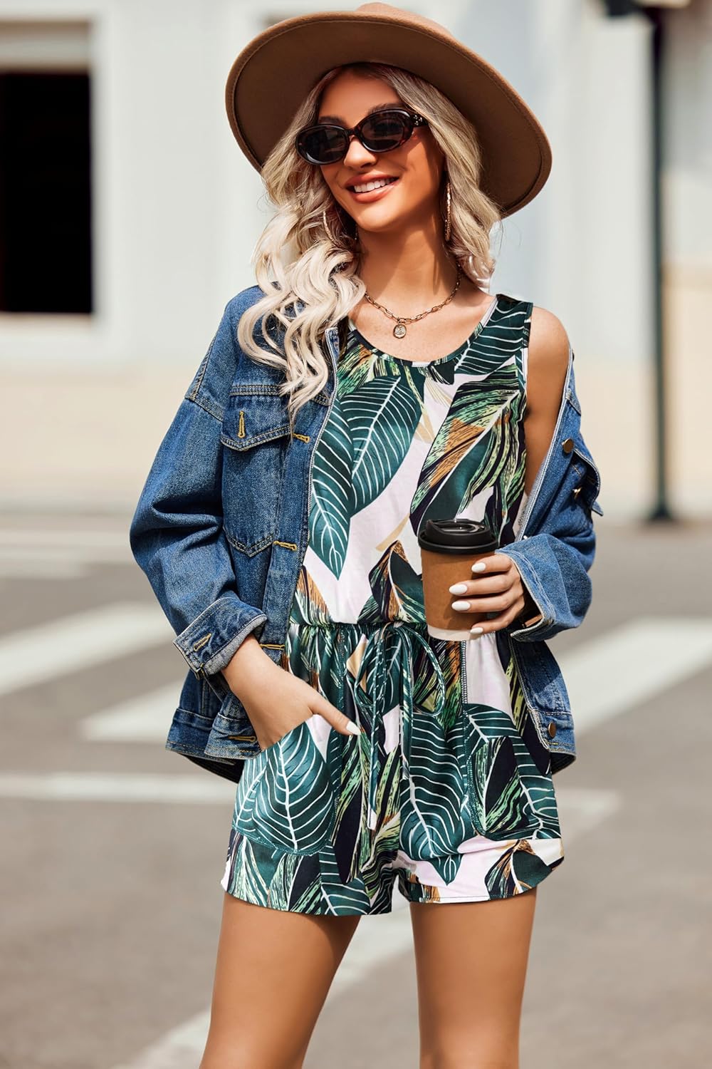 ADOME Rompers for Women Summer Sleeveless Scoop Neck Tank Top Casual Short Jumpsuit Rompers with Pockets