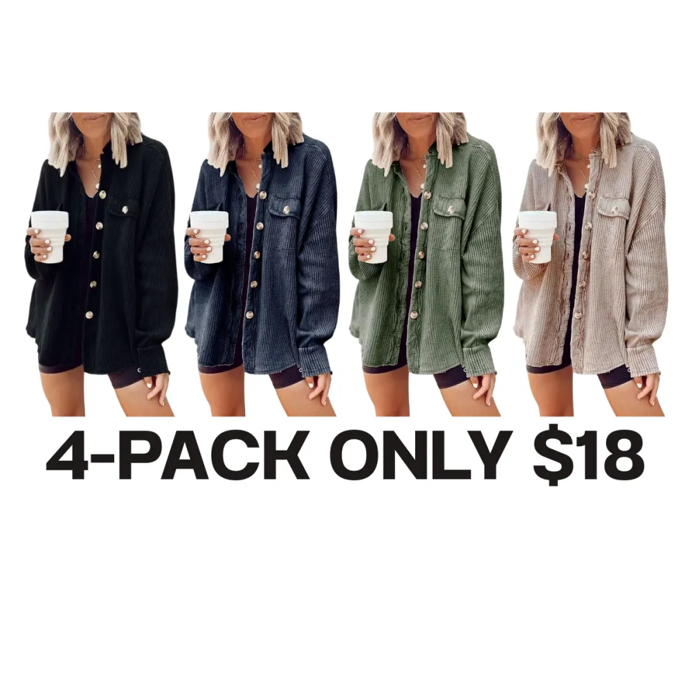 Women's Loose Fit Batwing Sleeve Waffle Knit Button Down Shirt Shacket Tops