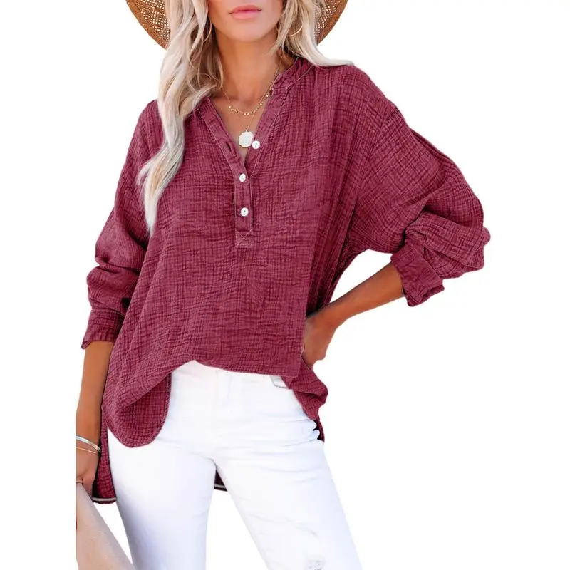 Women's Casual Button V Neck Long Sleeve Shirts