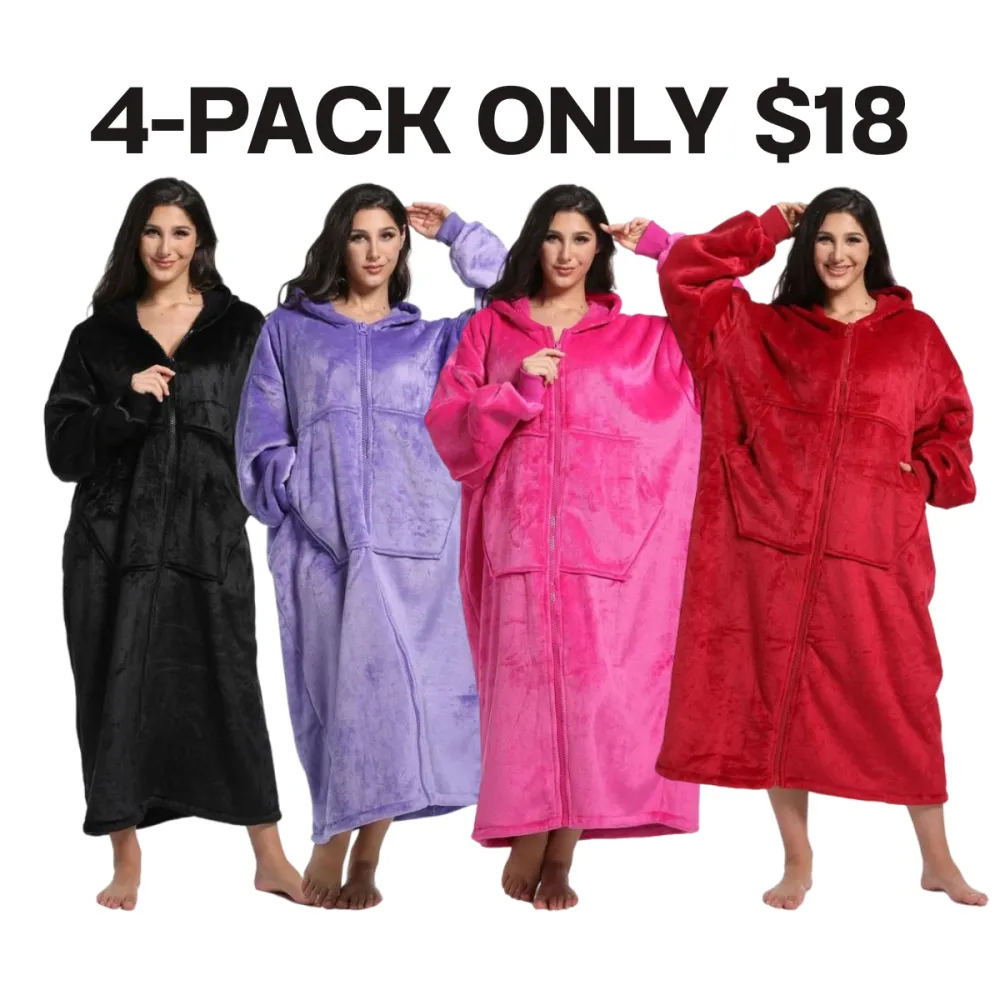 Flannel Sherpa Lined Pajamas Long Hooded Robe Zipper Front