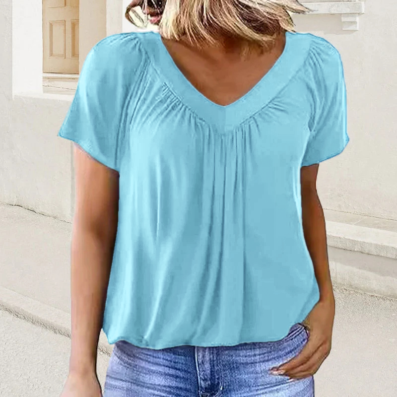 🎁Hot Sale 8 PACK $24.96⏳Women's Casual Pleated V-Neck Short-Sleeve Top