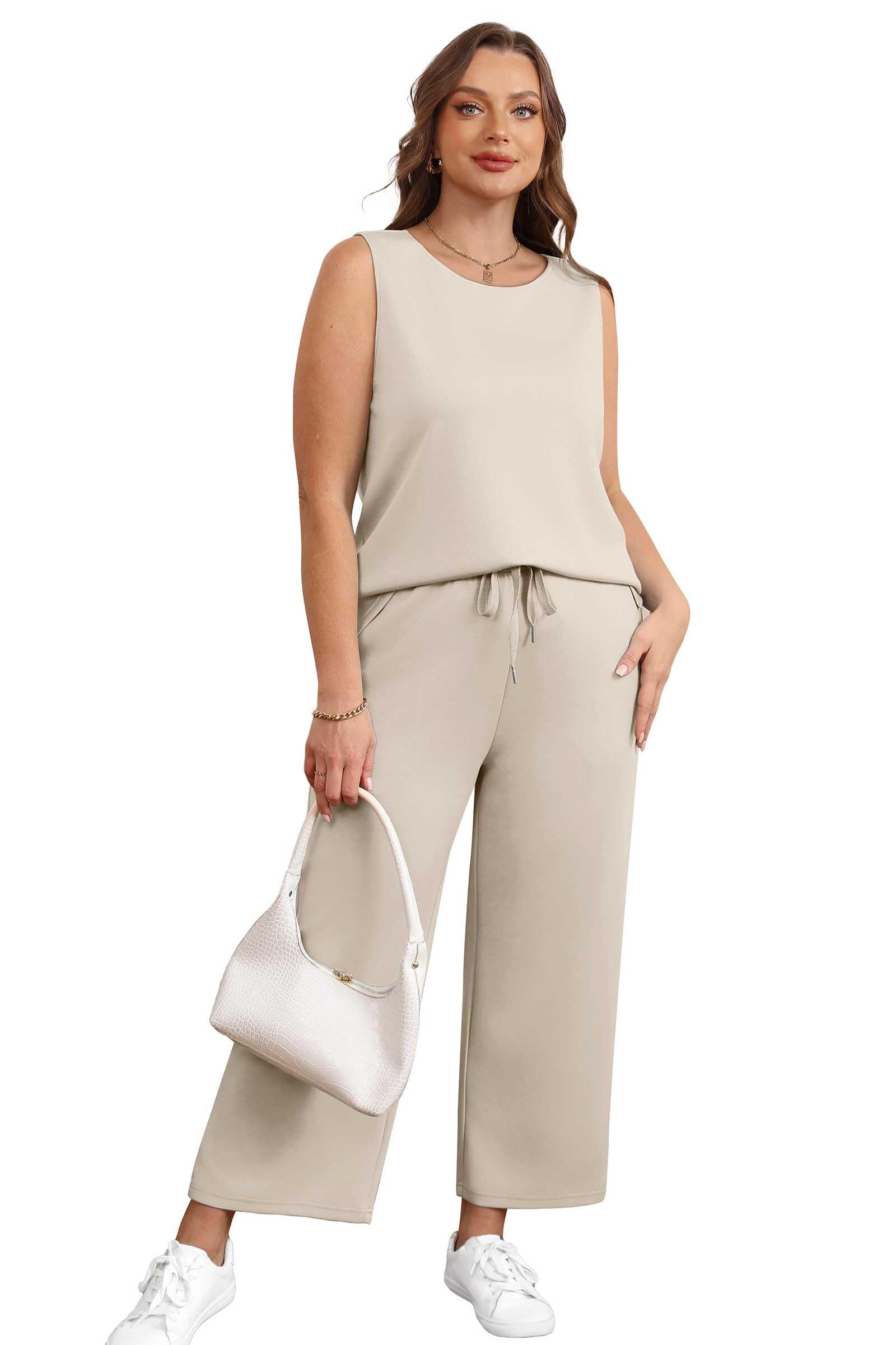 Two Piece Sets for Women Spring/Summer Lounge Sets-Crew neck sleeveless tops with wide leg crop pants