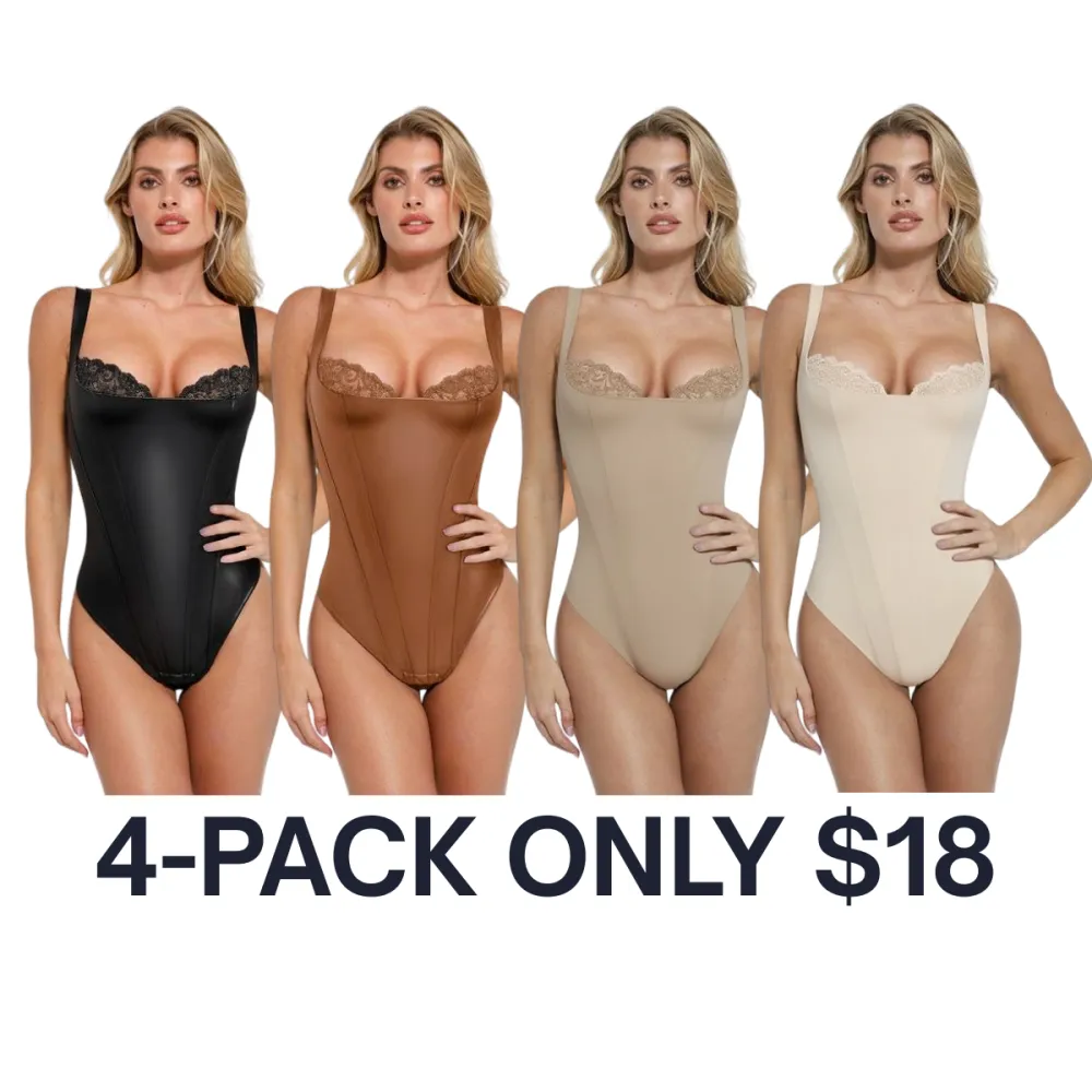 Women’s Faux Leather Corset Bodysuit with Lace Trim