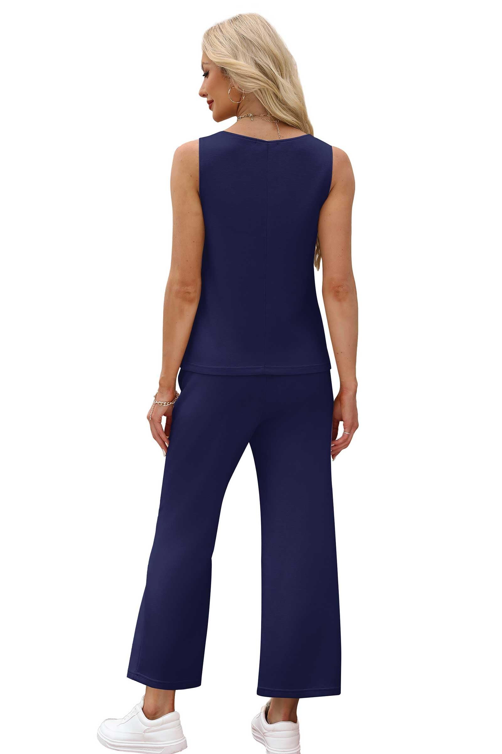 Two Piece Sets for Women Spring/Summer Lounge Sets-Crew neck sleeveless tops with wide leg crop pants