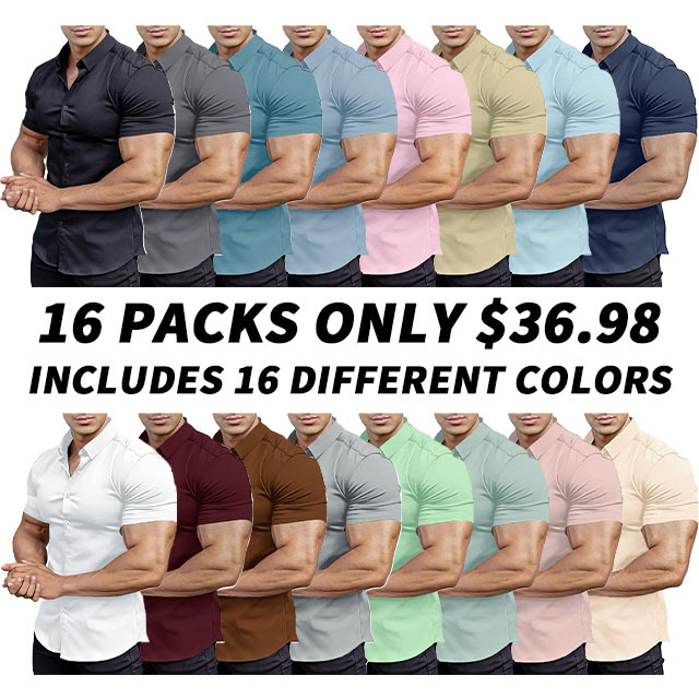 ⚡ 8 Packs for $26.98 ⚡ - Men's Muscle Fit Dress Shirts Summer Casual Button Down Short Sleeve High Stretch Wrinkle-Free Shirt