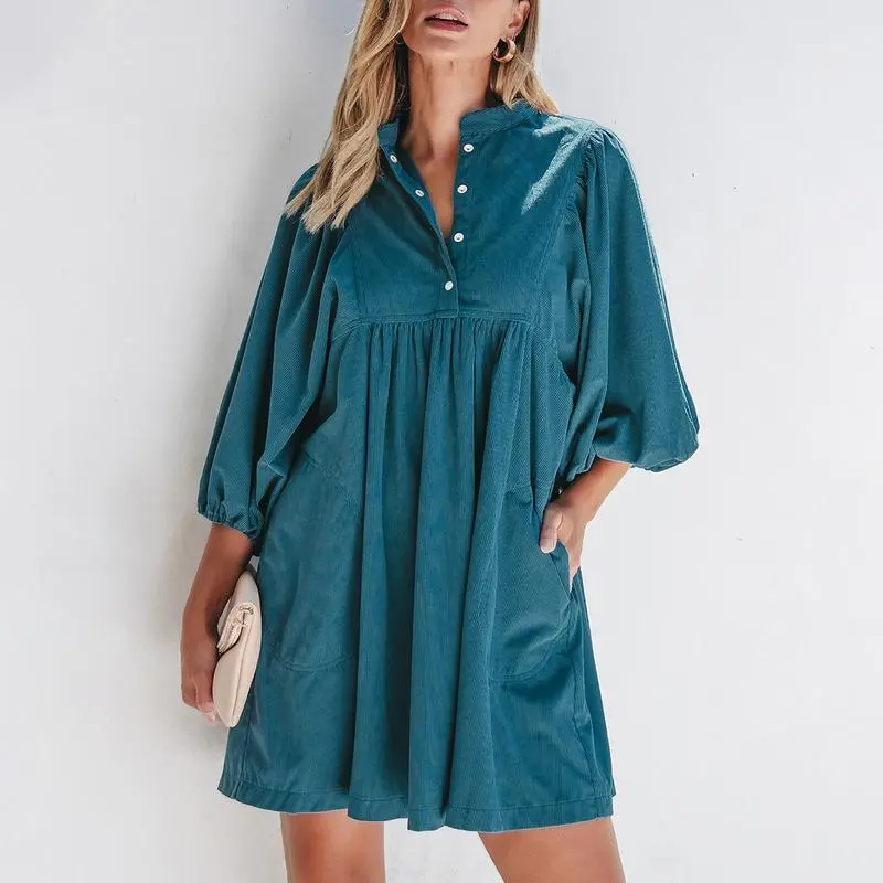Women’s Corduroy Snap Buttons Empire Waist Bracelet Sleeve Plain Dress with Puff Sleeves