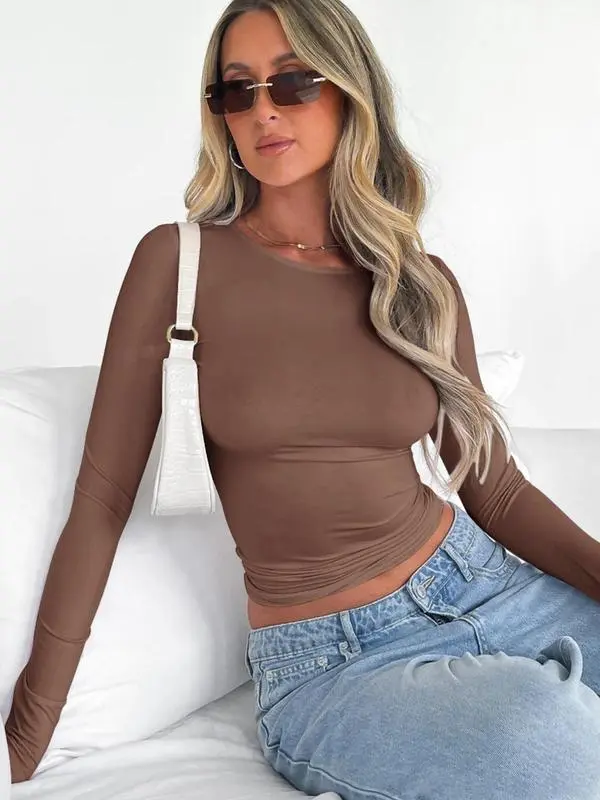 Women's New Trendy Round Neck Long Sleeve Crop Tee