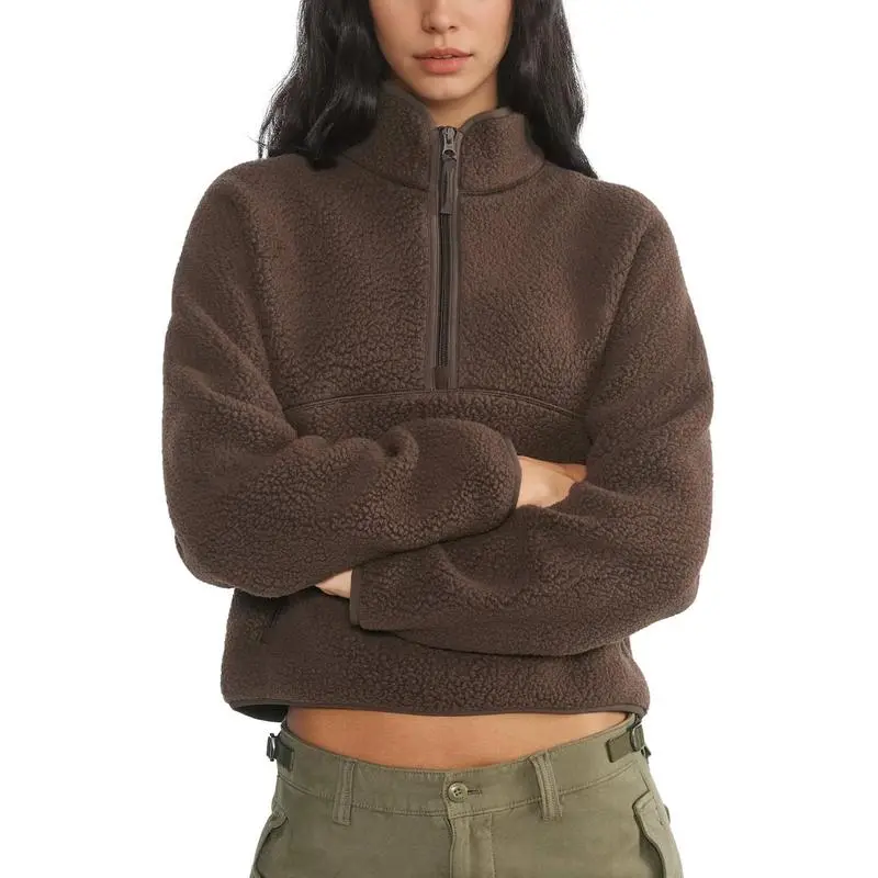 Women‘s Fleece Sweatshirt – Cropped Half-Zip Sherpa Pullover with Zipper Pockets