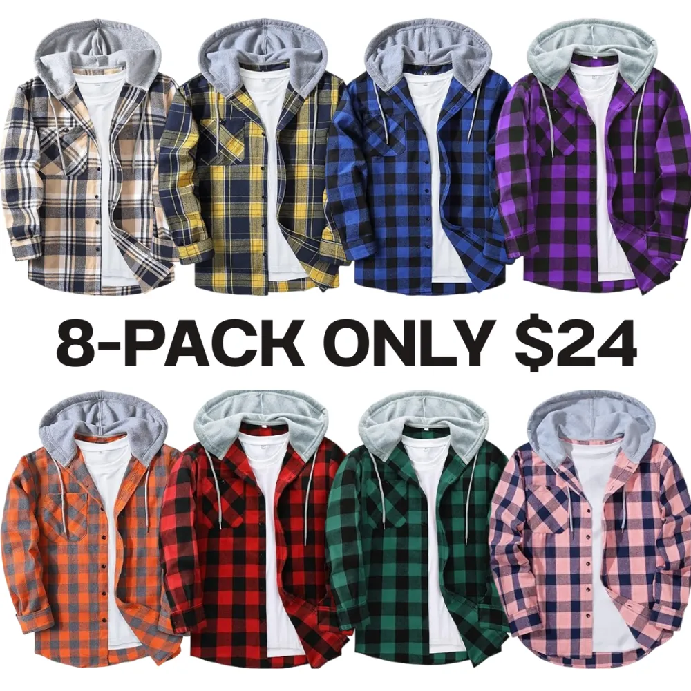 Men's Plaid Print Button Front Drawstring Hooded Shirt