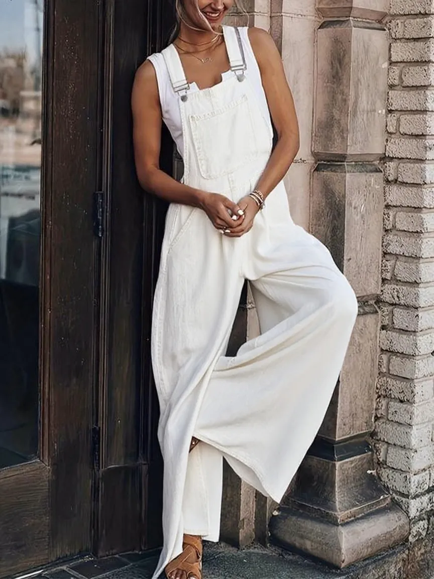 Women's Denim-Print Wide Leg Overalls Jumpsuit