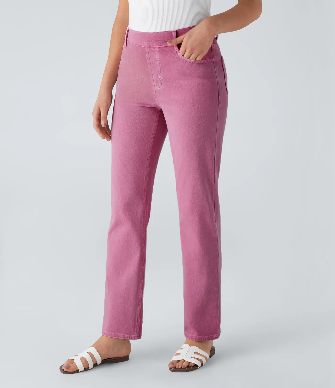 High Waisted Multiple Pockets Straight Leg Colorful Stretchy Knit Casual Jeans