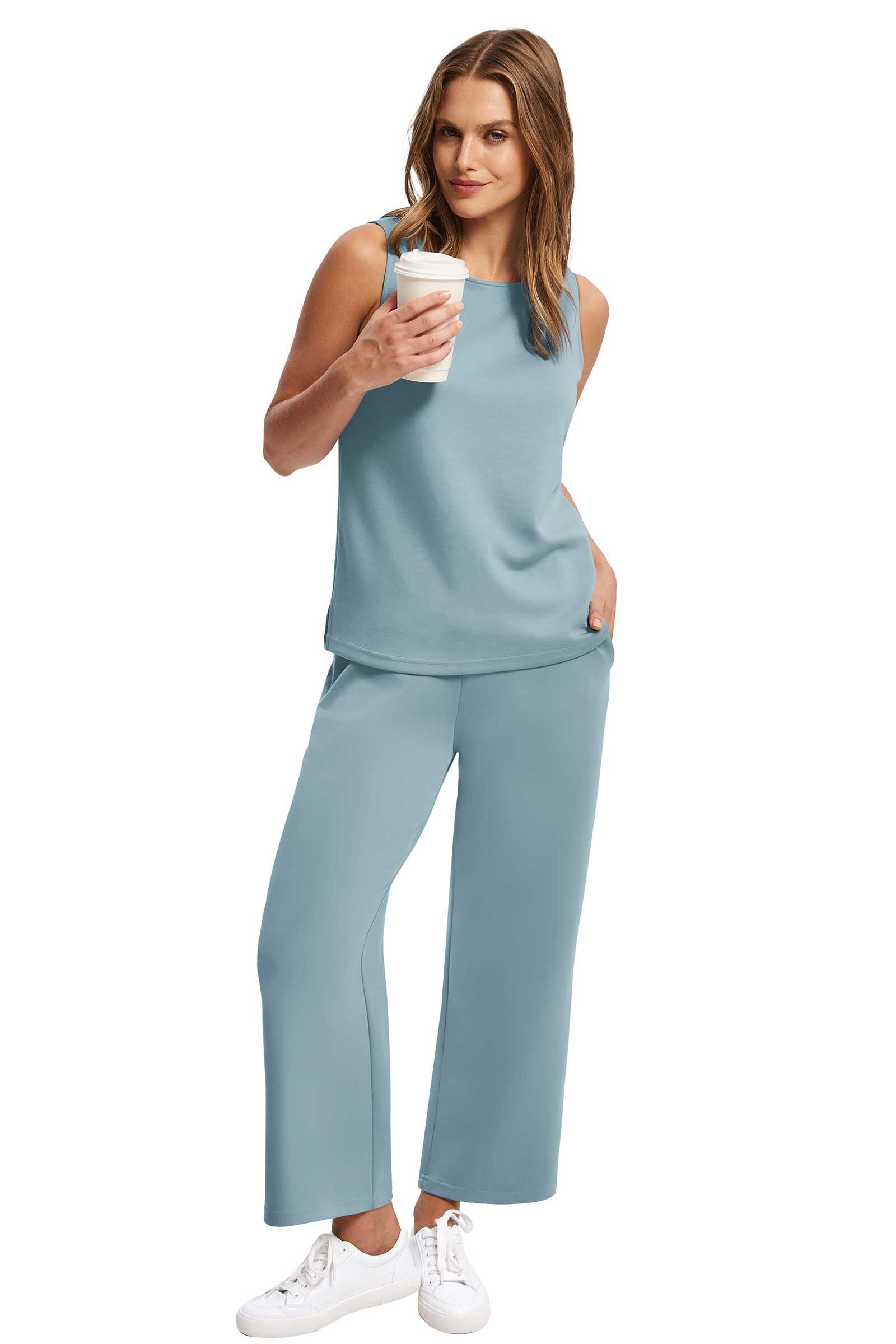 Two Piece Sets for Women Spring/Summer Lounge Sets-Crew neck sleeveless tops with wide leg crop pants