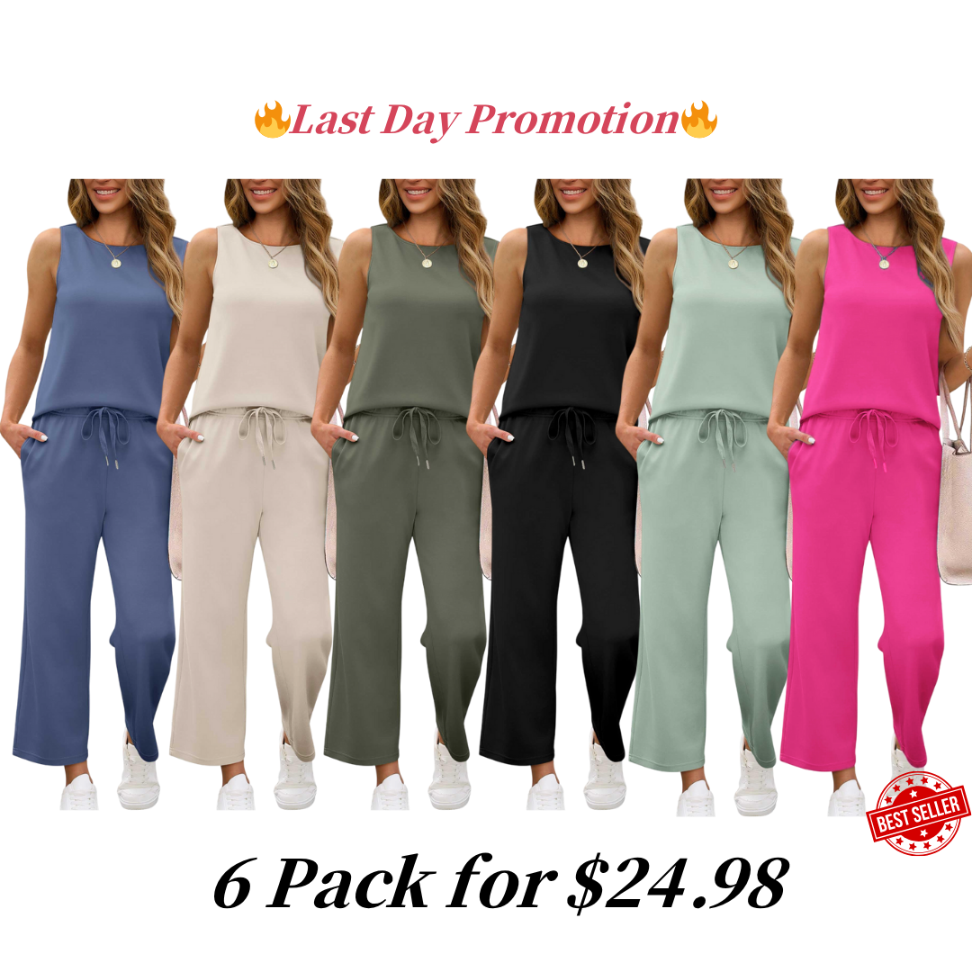 Two Piece Sets for Women Spring/Summer Lounge Sets-Crew neck sleeveless tops with wide leg crop pants