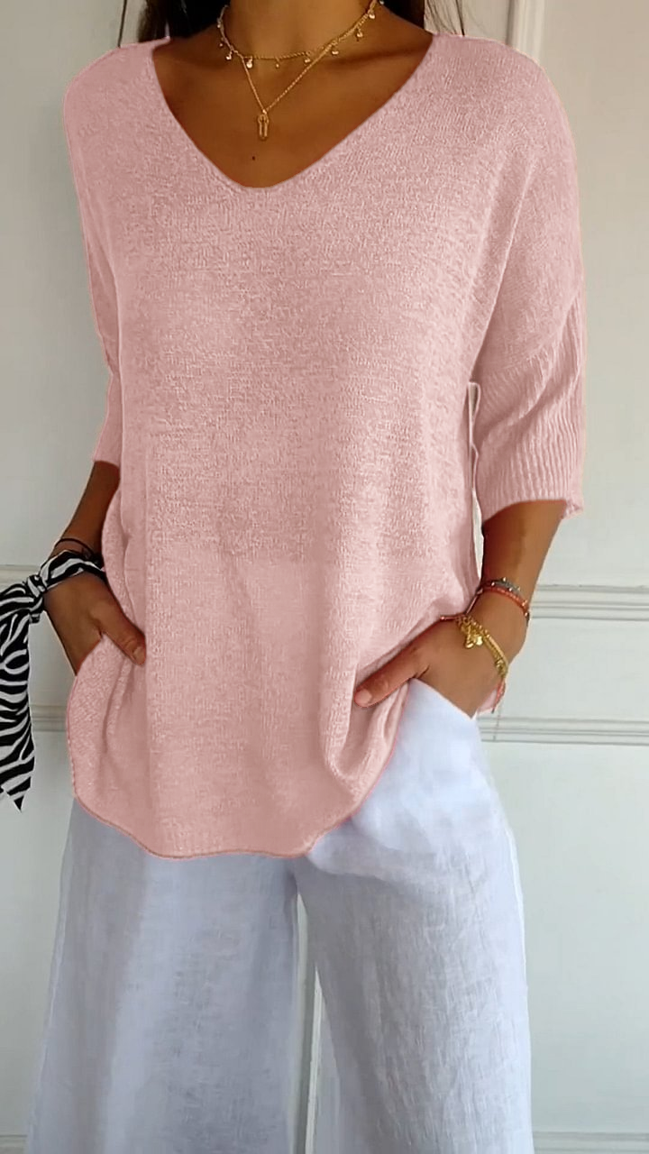Solid Color Knitted V-neck Top