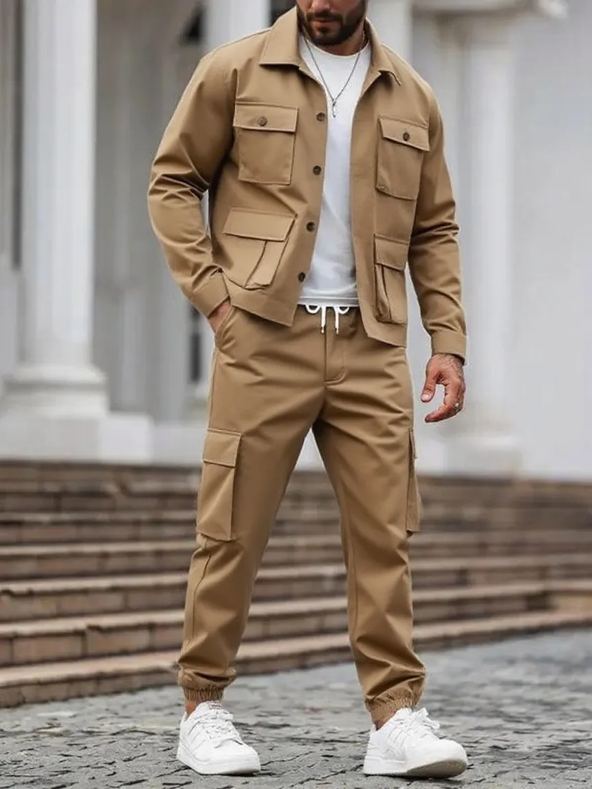 Men's Solid Color Pocket Button Front Jackets & Pants Two-Piece Set