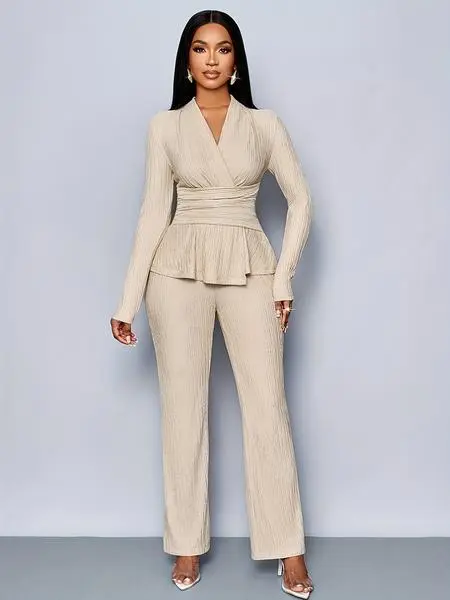 Women's Solid Color Elegant V Neck Long Sleeve T-Shirt And Wide Leg Pants Two Piece Set