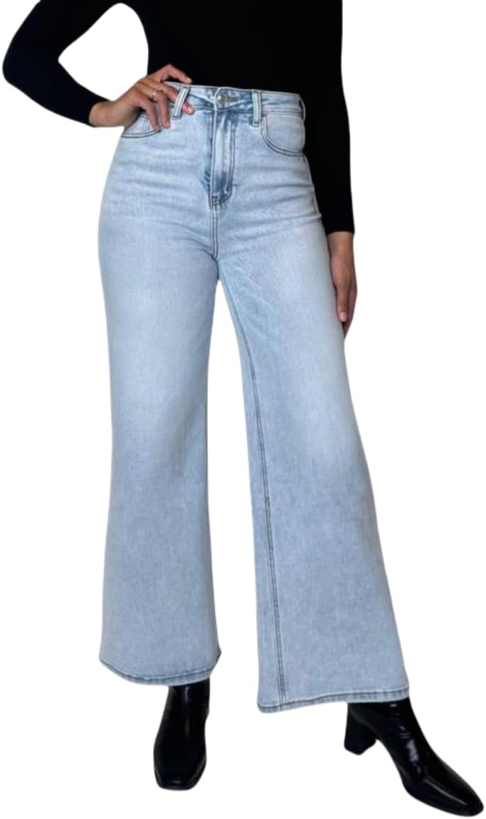 Mid-Low Rise Baggy Jeans Wide Leg for Women Distressed Pants Stretchy Bottom Lady Basic Comfortable Denim
