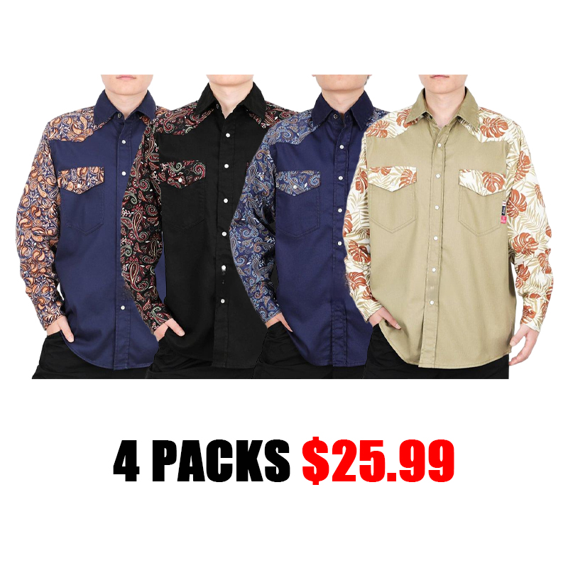 Clearance sale!⏰ Stylish & Safe! Men's Pearl Snap Welding Shirt - Two Tone FR Cotton with Hawaiian Paisley Pattern, NFPA 2112 Compliant Workwear