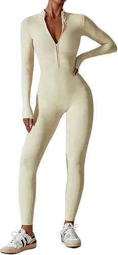 Women's Solid Color Half Zip Mock Neck Sports Jumpsuit