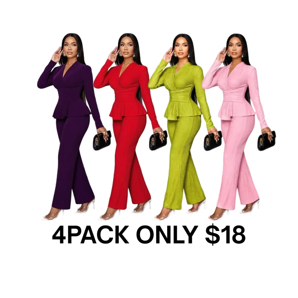 Women's Solid Color Elegant V Neck Long Sleeve T-Shirt And Wide Leg Pants Two Piece Set