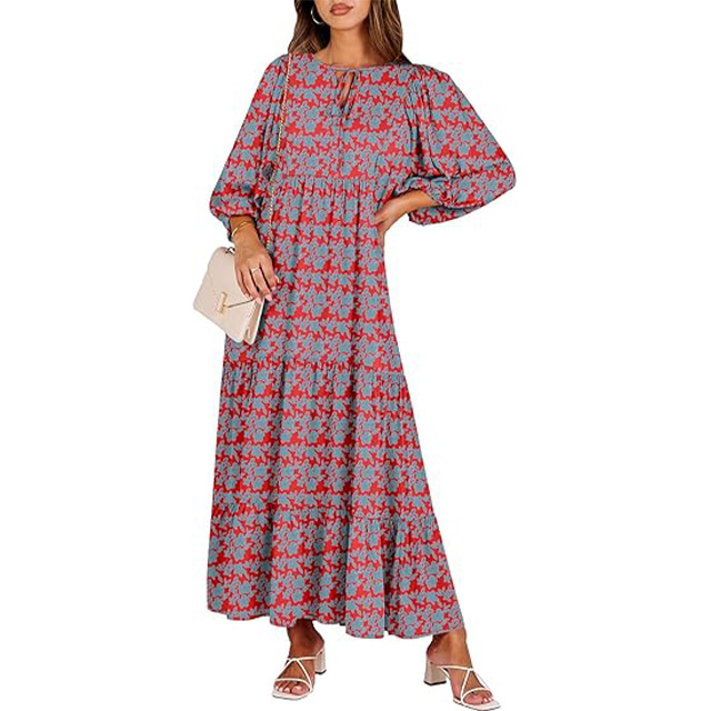 🔥2025 CRAZY DEAL🔥Summer V Neck Puff Sleeve Floral Flowy Swing Casual Long Dress