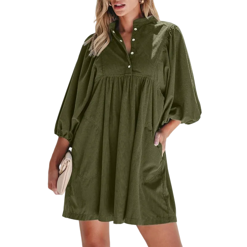 Women’s Corduroy Snap Buttons Empire Waist Bracelet Sleeve Plain Dress with Puff Sleeves
