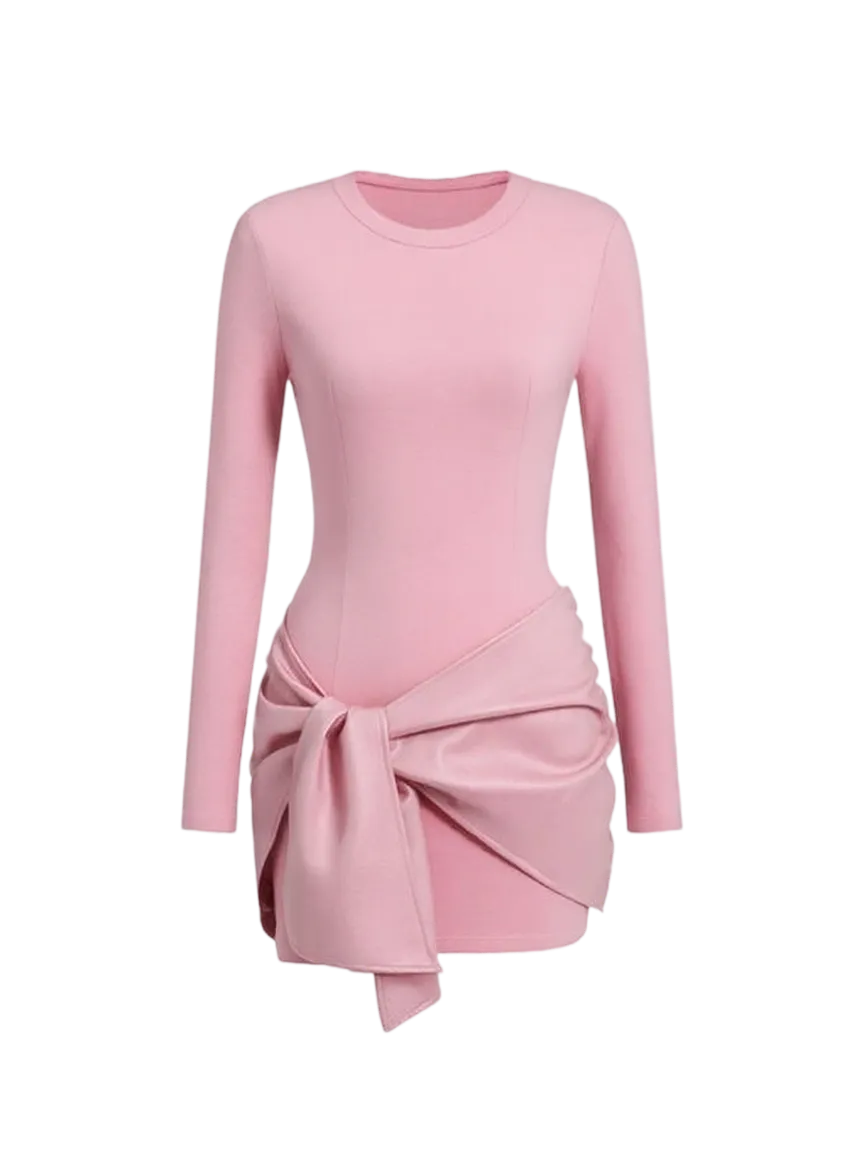 Women's Patchwork Knot Side Long Sleeve Dress