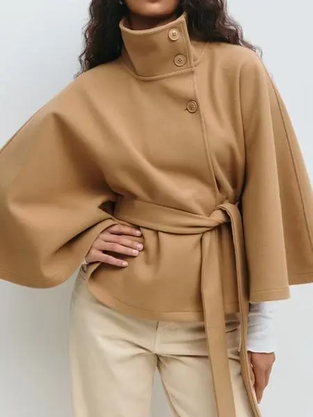 Women's Plain Front Buckle Belted Woolen Cape Coat
