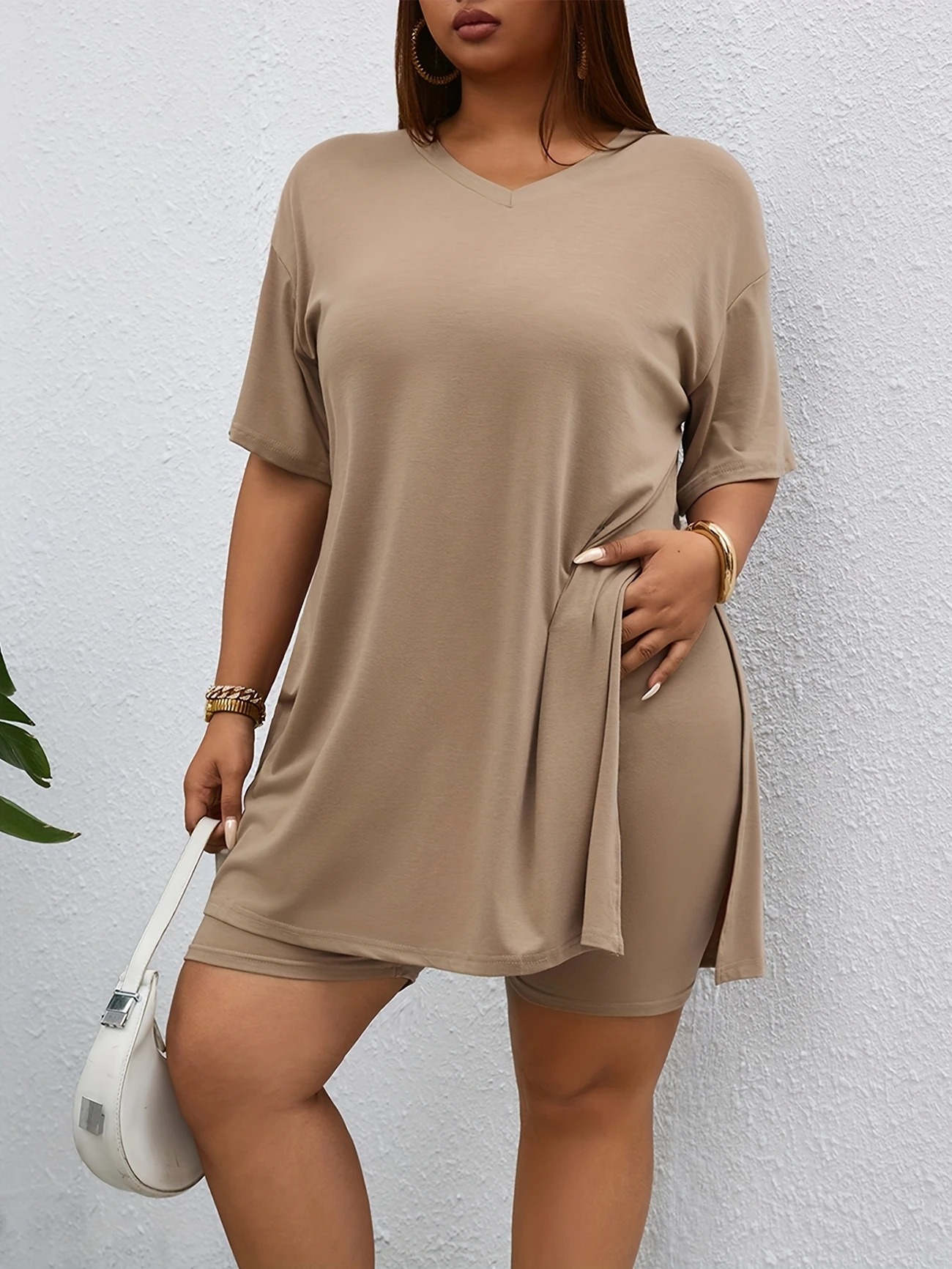 Women's 2-Piece Lounge Set Casual Oversized V-Neck Tops and High Waisted Shorts Set
