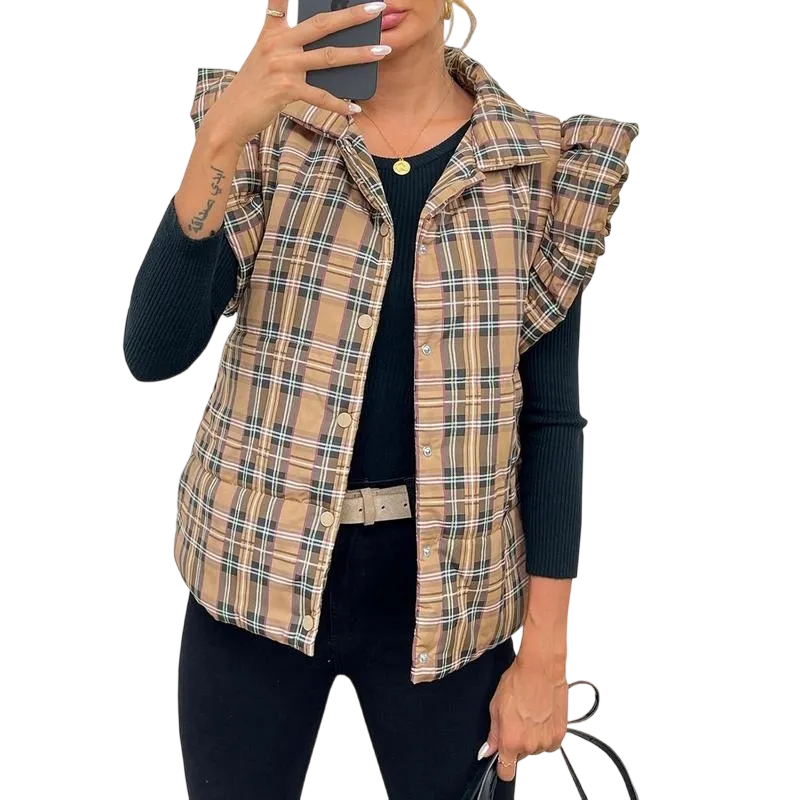 Women's Plaid Ruffle Trim Quilted Vest