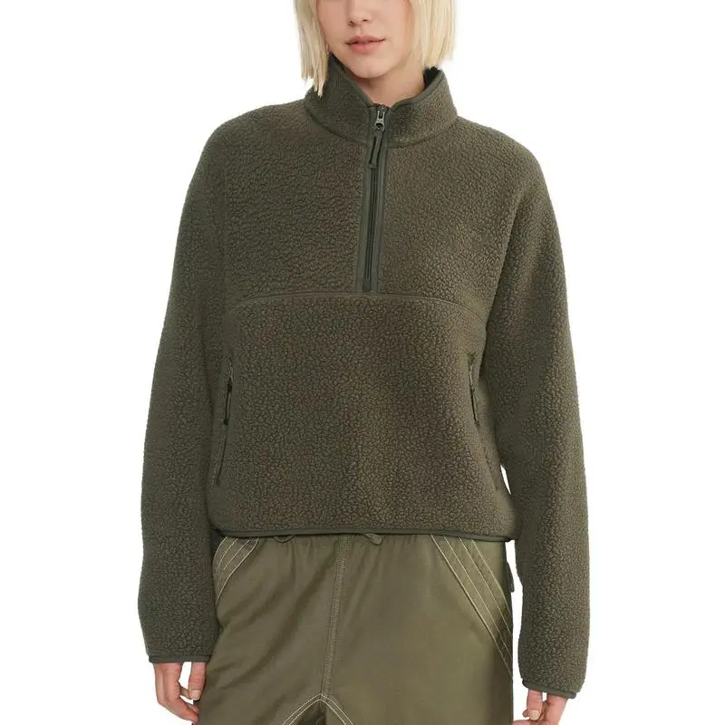 Women‘s Fleece Sweatshirt – Cropped Half-Zip Sherpa Pullover with Zipper Pockets
