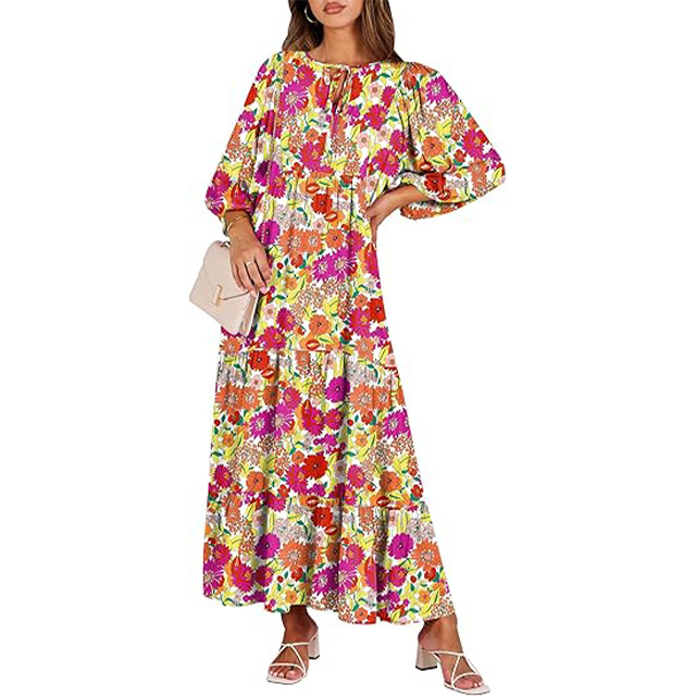 🔥2025 CRAZY DEAL🔥Summer V Neck Puff Sleeve Floral Flowy Swing Casual Long Dress