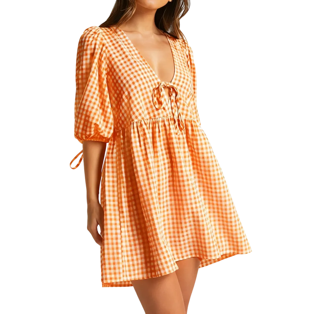 Women's Maternity Plaid Dress, Half Sleeve Bow Square Neck Loose Short Dress