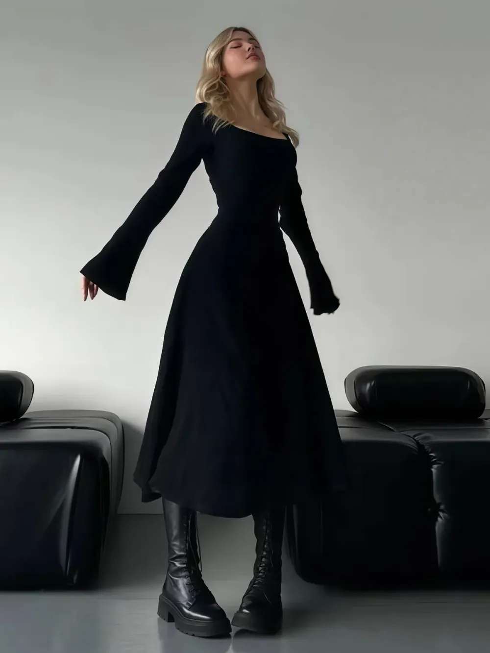 Women's Plain Lace Up Tie Back Flounce Sleeve Dress