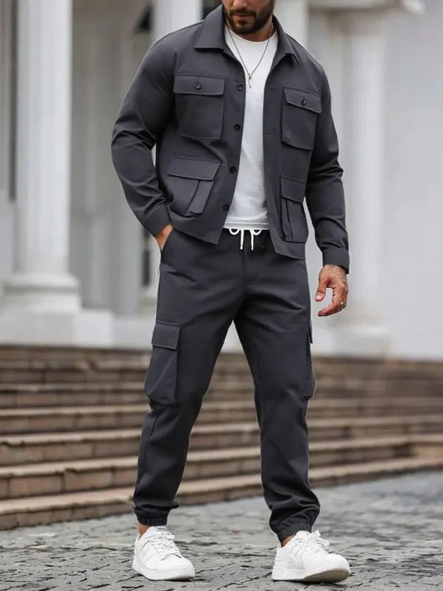 Men's Solid Color Pocket Button Front Jackets & Pants Two-Piece Set