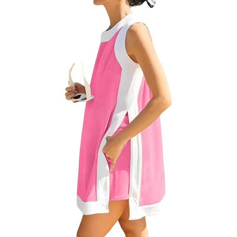 Women‘s Casual Two-Piece Set – Color Block Sleeveless Pullover Top & Matching Shorts with Pockets