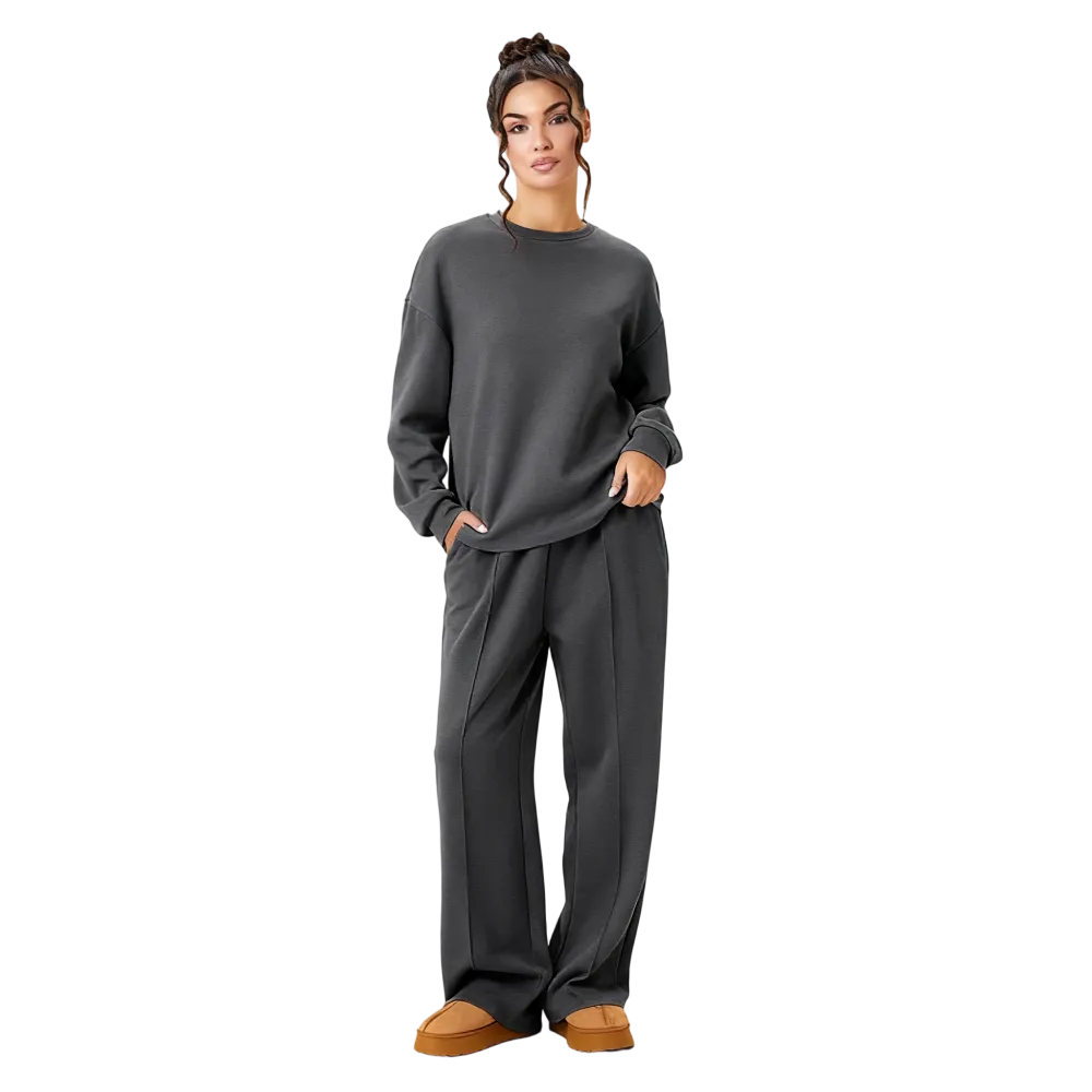 Women’s Casual Two Piece Outfit, Long Sleeve Top & Wide Leg Pants