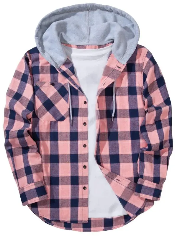 Men's Plaid Print Button Front Drawstring Hooded Shirt