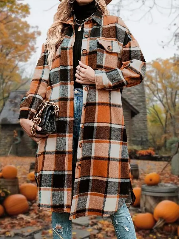 Women's Plaid Print Button Front Coat