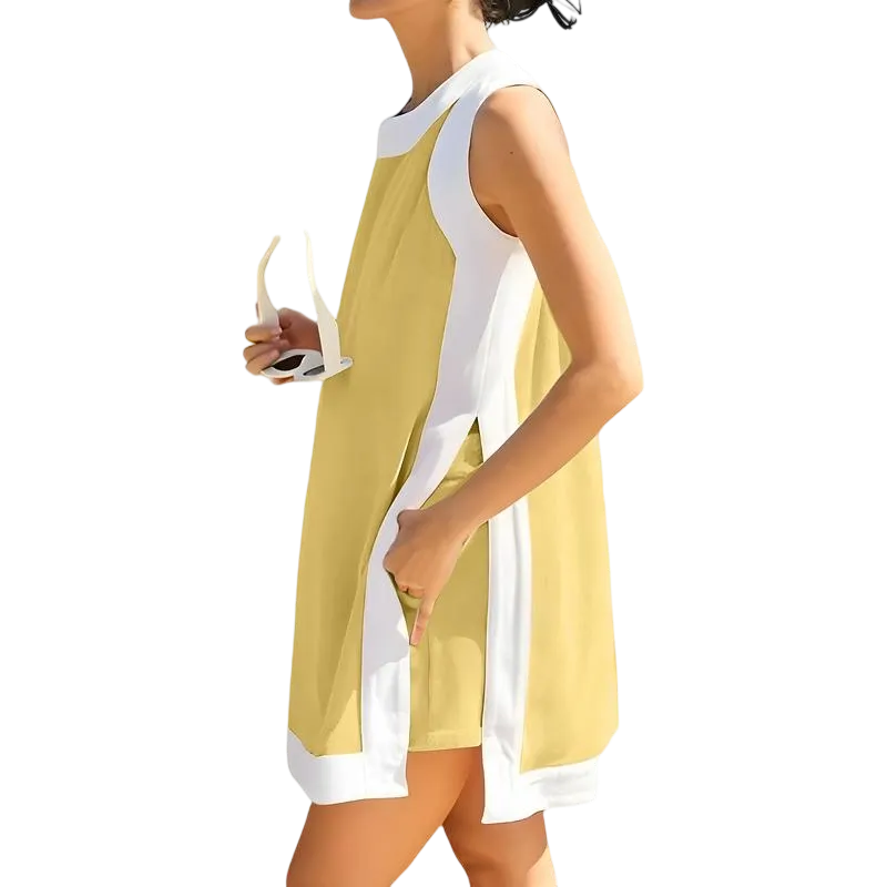 Women‘s Casual Two-Piece Set – Color Block Sleeveless Pullover Top & Matching Shorts with Pockets