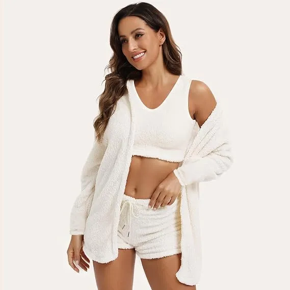 Women's 3-Piece Plush Pajama Set: Drop Shoulder Hoodie, Crop Top & Shorts