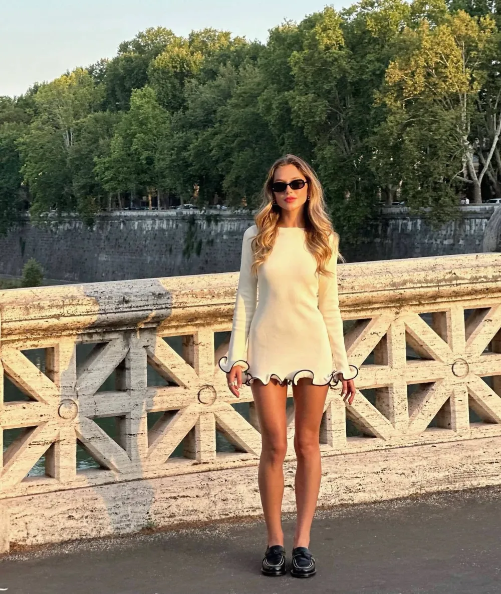 Women's Elegance Colorblock Wave Hem A-Line Long Sleeve Knit Dress