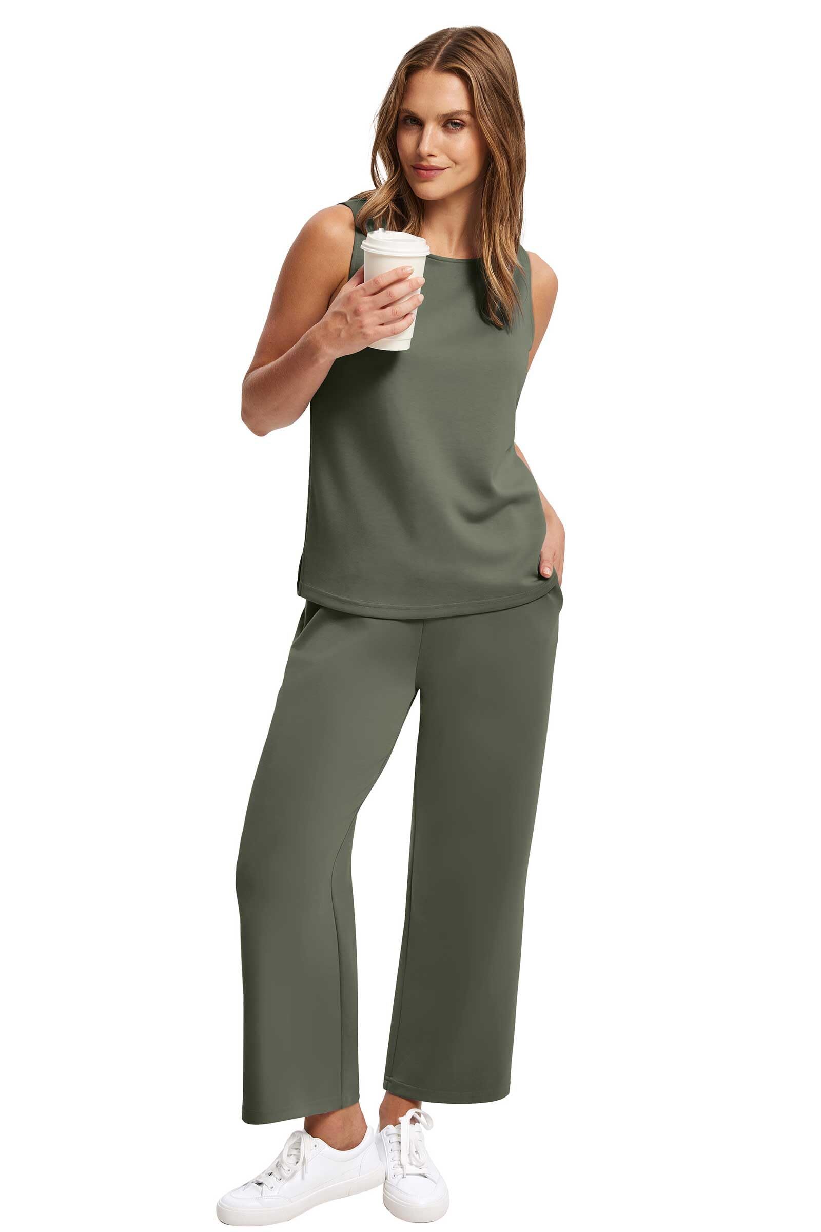 Two Piece Sets for Women Spring/Summer Lounge Sets-Crew neck sleeveless tops with wide leg crop pants