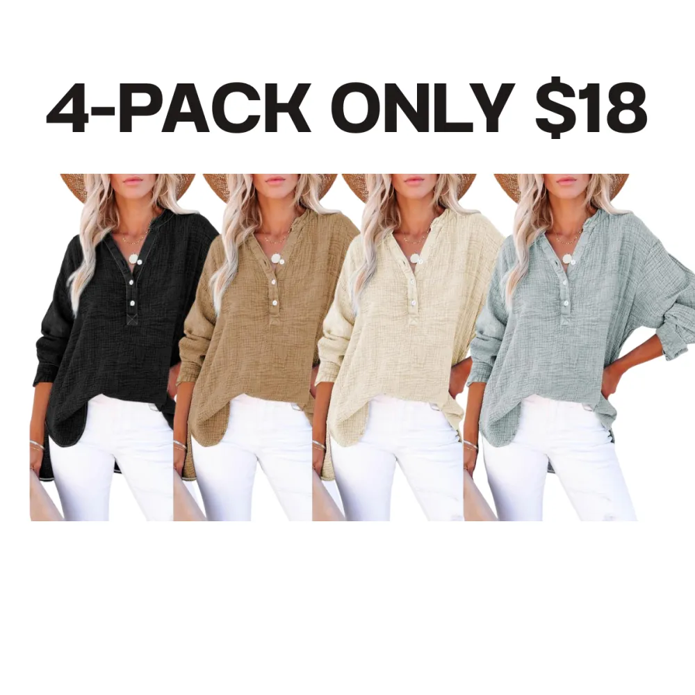 Women's Casual Button V Neck Long Sleeve Shirts