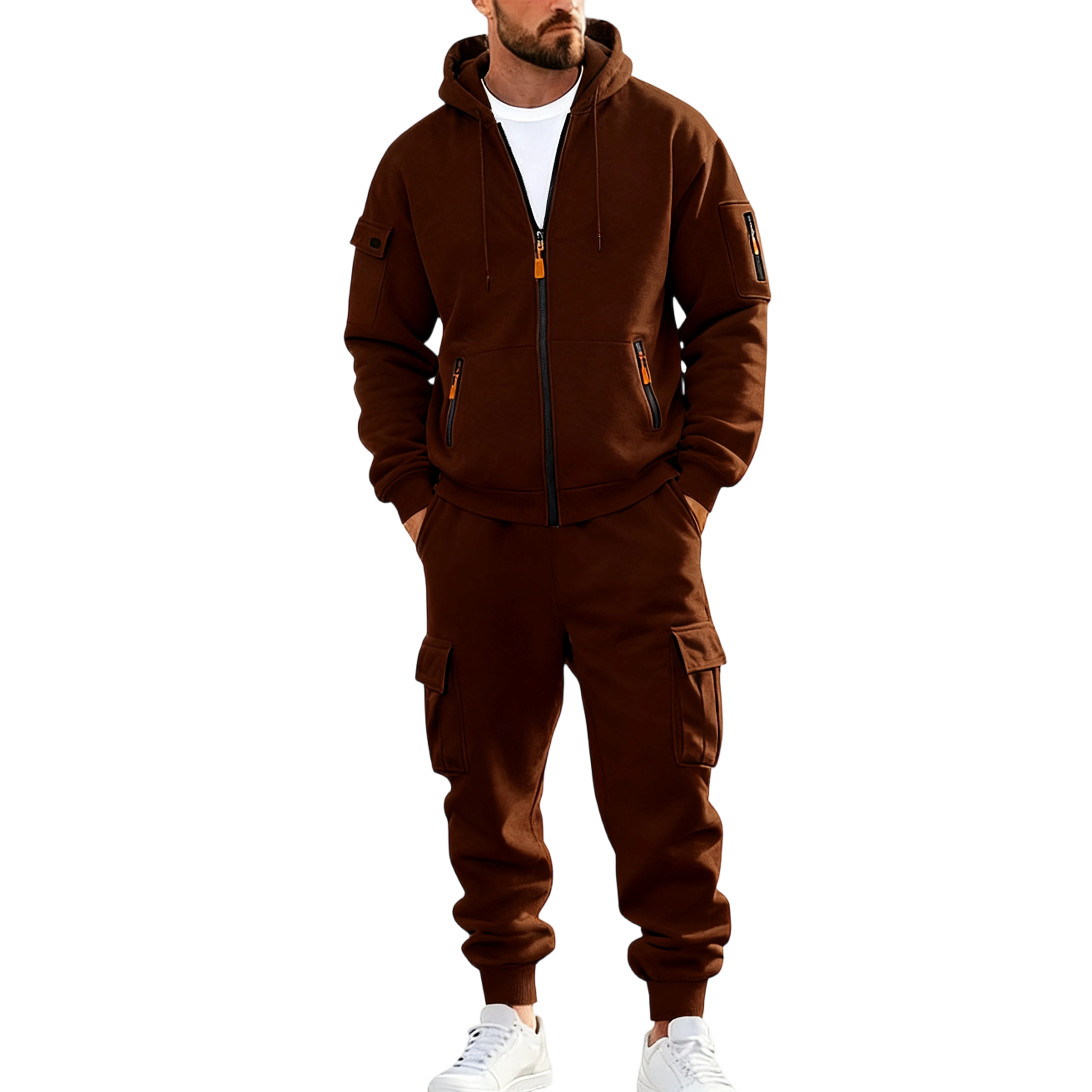 Men's Winter Fleece-Lined Hoodie & Drawstring Pants Set Warm Casual Long-Sleeve Top & Bottoms Multi-Pocket Design