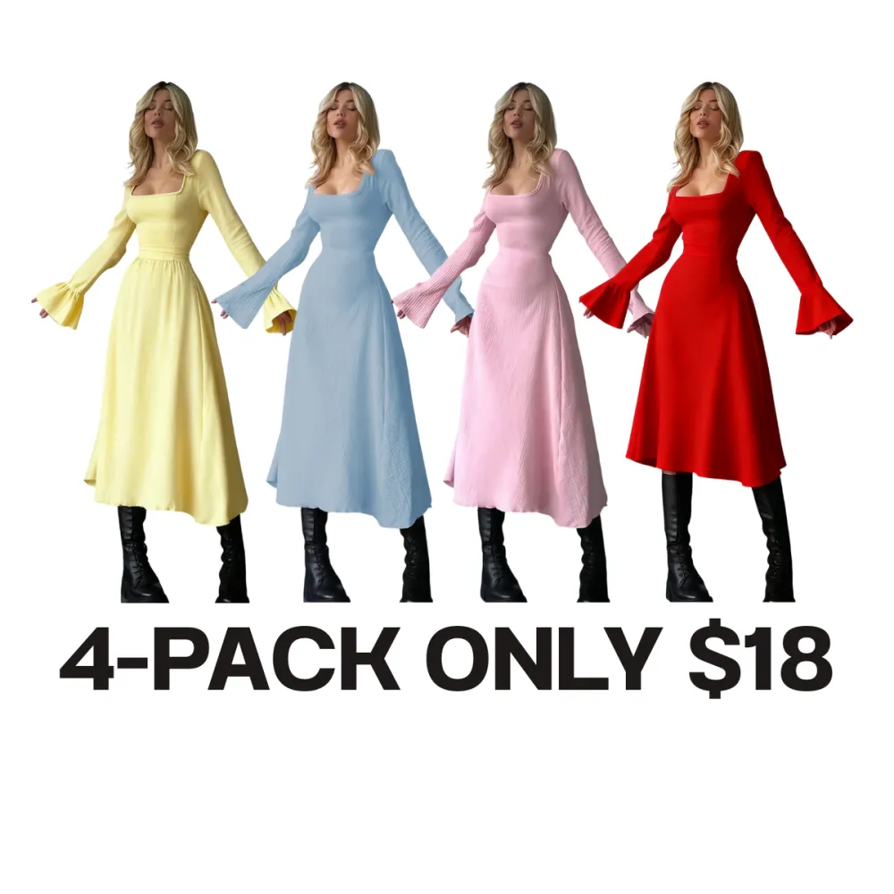 Women's Plain Lace Up Tie Back Flounce Sleeve Dress