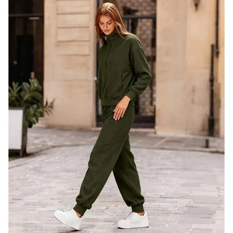 Women's 2-Piece Ribbed Half-Zip Sweatshirt & Jogger Pants Set