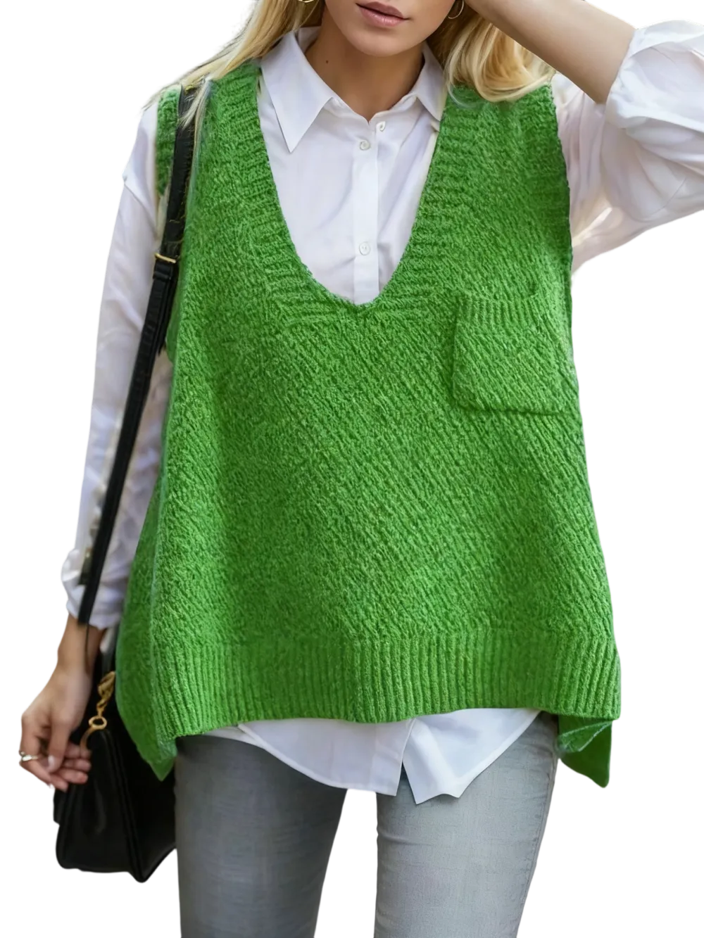 Women's Solid Pocket High Low Hem V Neck Sweater Vest