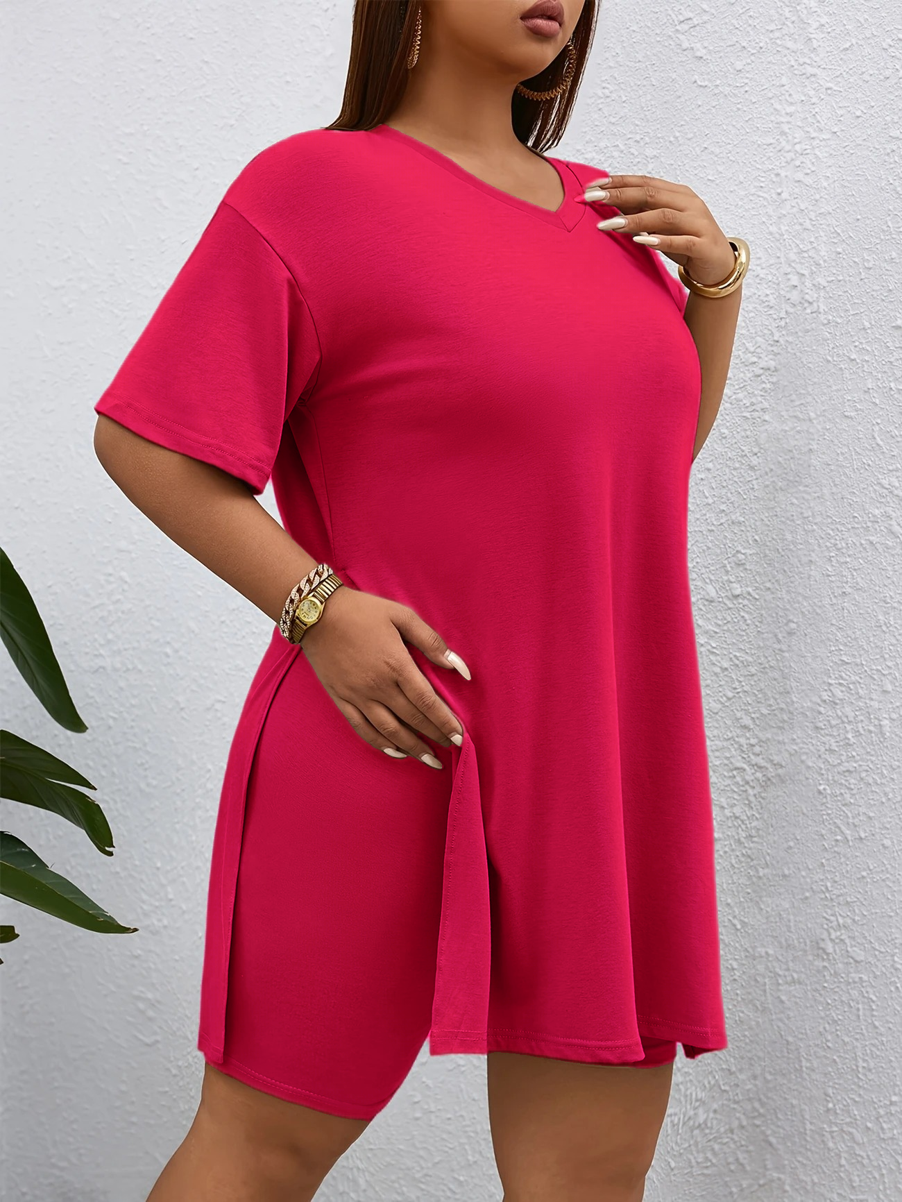 Women's 2-Piece Lounge Set Casual Oversized V-Neck Tops and High Waisted Shorts Set