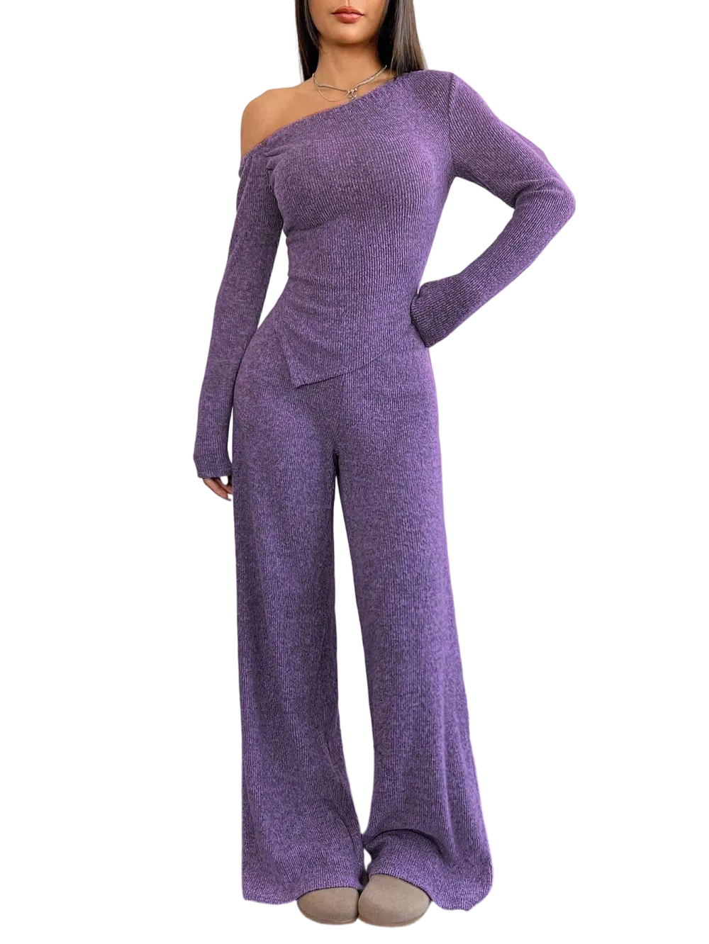 Women's Asymmetric Shoulder Top & Wide-Leg Pants Set